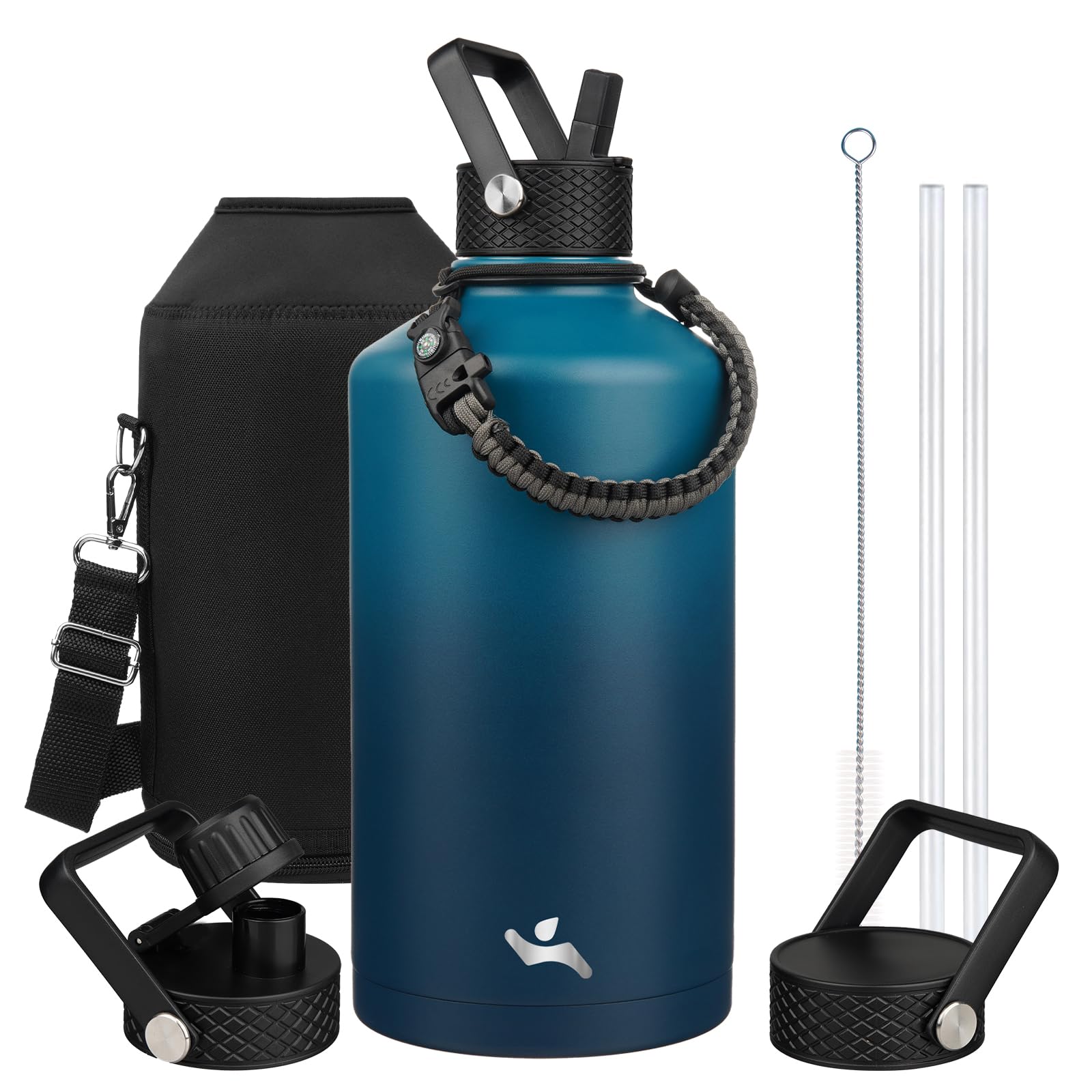 Konokyo Gallon Insulated Water Bottle with Straw,128 oz 3 Lids Water Jug with Carrying Bag,Paracord Handle, Double Wall Vacuum Stainless Steel Metal Flask,Indigo Black Image