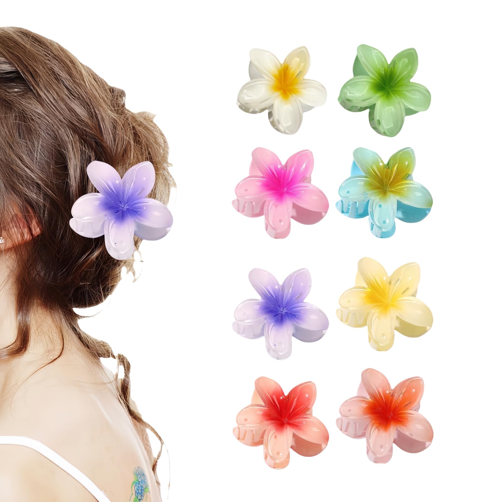 Aucuu 8 Pcs Nonslip Flower Claw Clips, Strong Hold Hawaiian Claw Clip, Acrylic Hair Clip for Medium Thick Hair, Plumeria Flower Hair Claw Clips, Hawaii Hair Accessories for Women and Girls