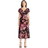 Maggy London Womens Midi Floral Dress - V-Neck Pleated Fabric - Puff Cap Sleeves - Empire Waist - Elegant Wedding Guest Dress