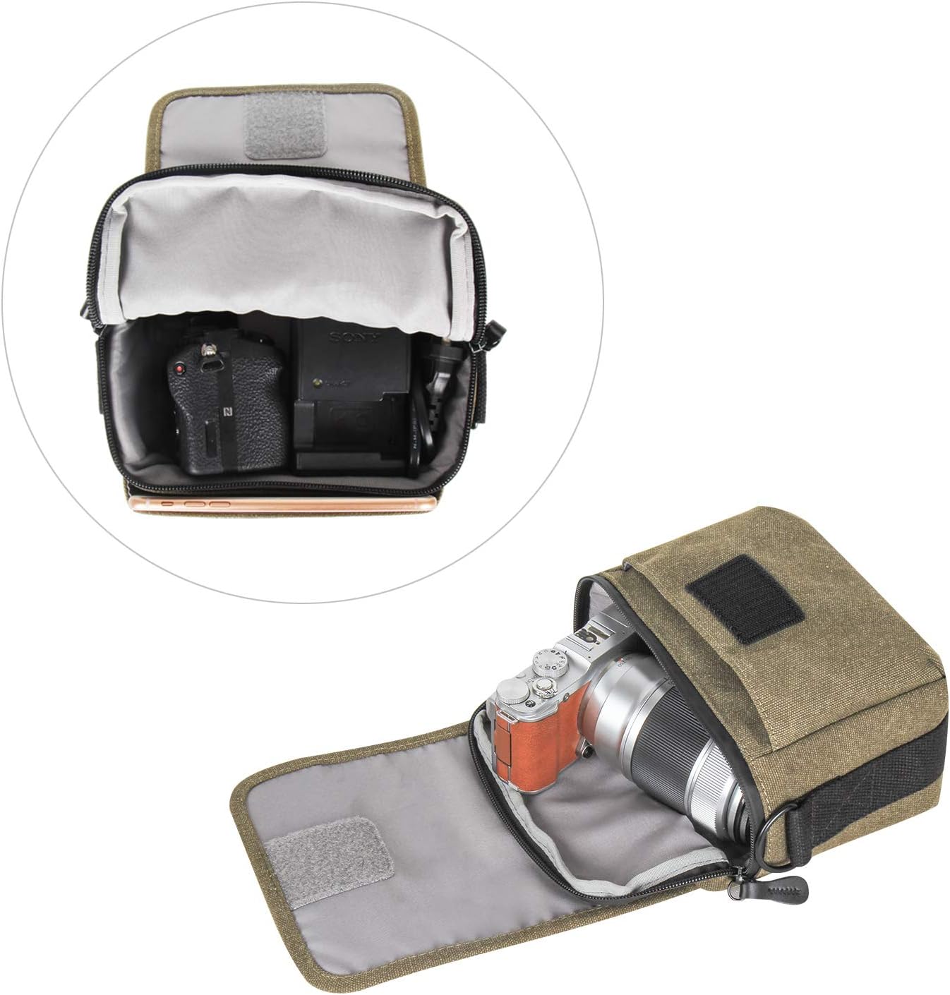 Besnfoto Mirrorless Camera Shoulder Bag Small Messenger Case Compact Waist Bag Waterproof Compatible for Canon EOS M10 M6 M2 Mrak M50 M100 Nikon P600 D5100 D5300 Sony RX10M3 Olympus E-M10 (Army Green)