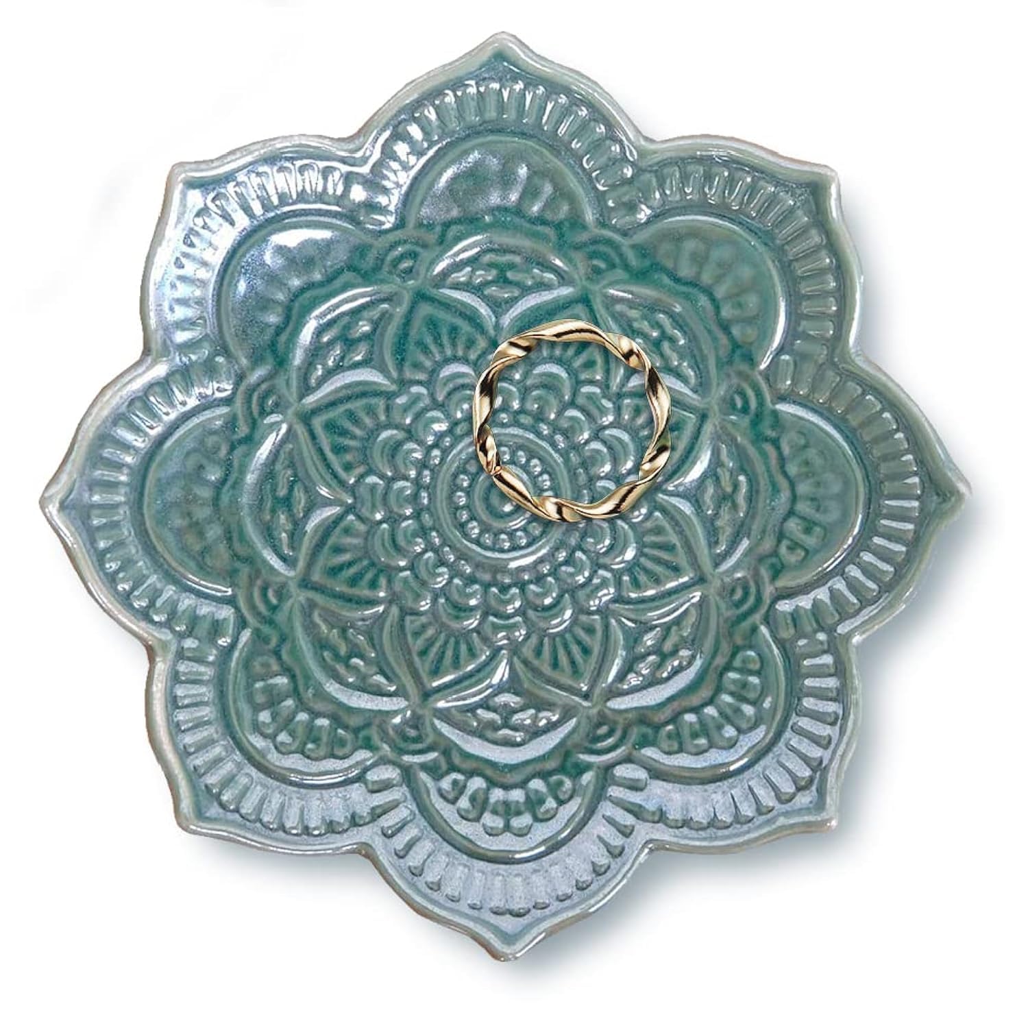 Titanape Small Green Mandala Trinket Dish Jewellery Tray, Ceramic Decorative Ring Holder Dish, Gifts for Women, Friend, Mum, Girls, Her, Birthday Christmas Valentines' Mothers' Day Present