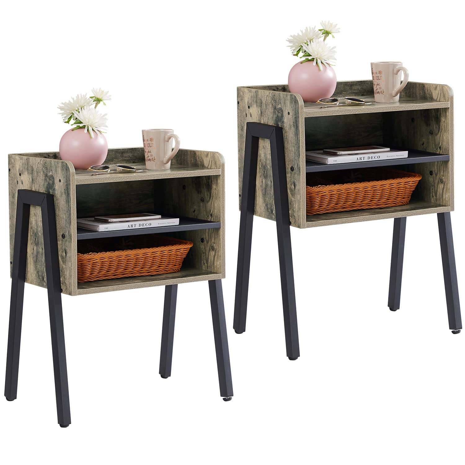 VECELO Nightstand Industrial Side End Table/Stackable Accent Furniture with 2-Tier Open Storage Compartments for Bedroom, Living Room and Small Spaces Image