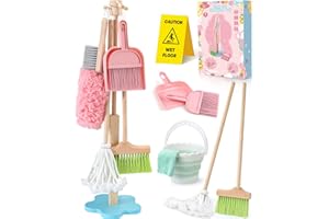 Toyssa Wooden Kids Cleaning Toy Set for Toddlers Mop Broom and Dustpan Set, 12 Pcs Detachable Housekeeping Playset with Bucket Duster Brushes Pretend Play Cleaning Toys Gift for Boy Girl Age 3 4 5 6