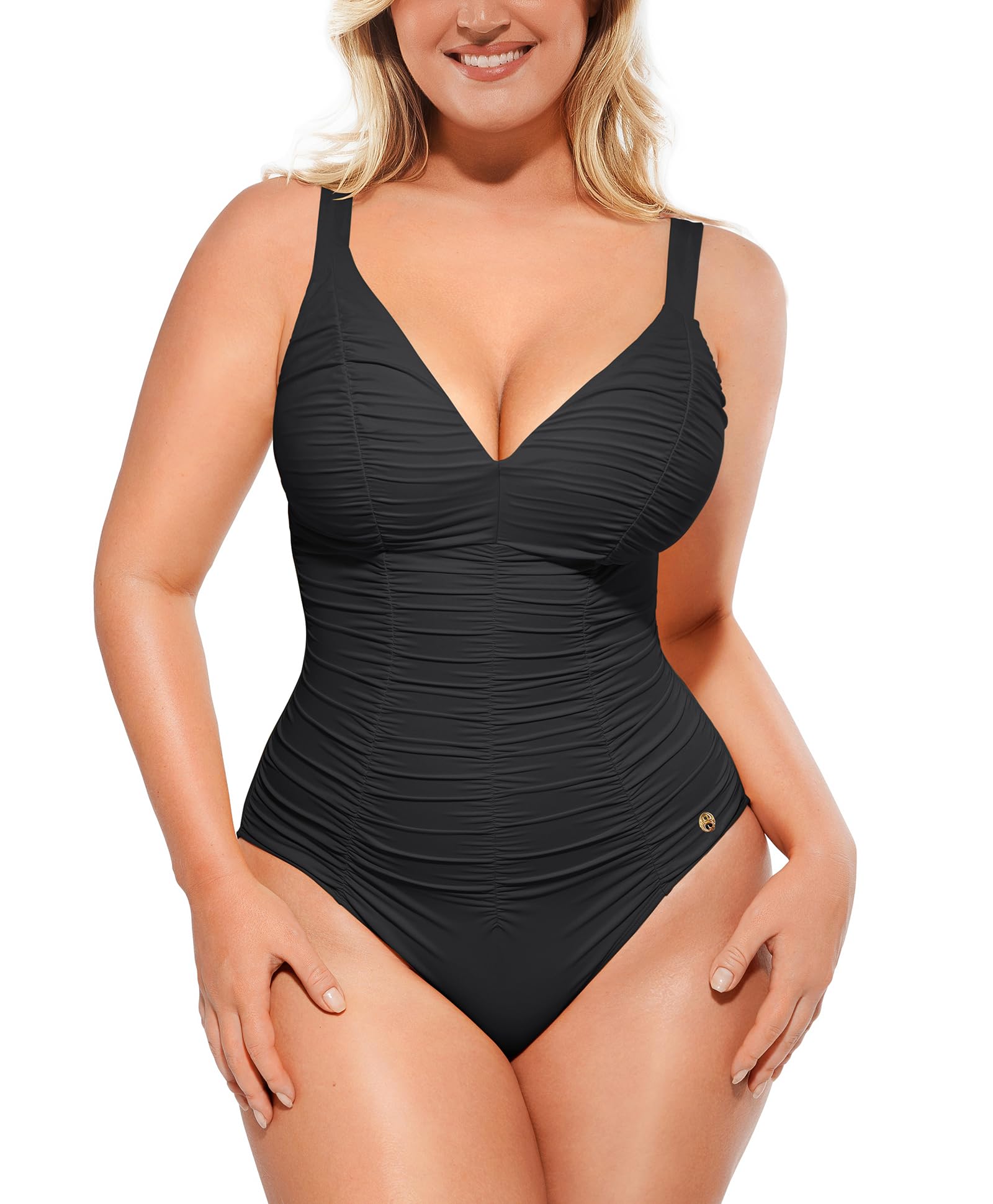 Photo 1 of SHAPELLX Womens Shapewear One Piece Swimsuit Tummy Control Ruched Bathing Suit with Lace-Up Back Black XX-Large