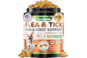 CARMELIE Flea and Tick Prevention for Dogs Chewables, 500 Crunchy & Savory Dog Flea and Tick Treatment with Multivitamins - Support Skin & Coat - Tasty Treats for All Breeds & Ages - Chicken and Krill Flavor