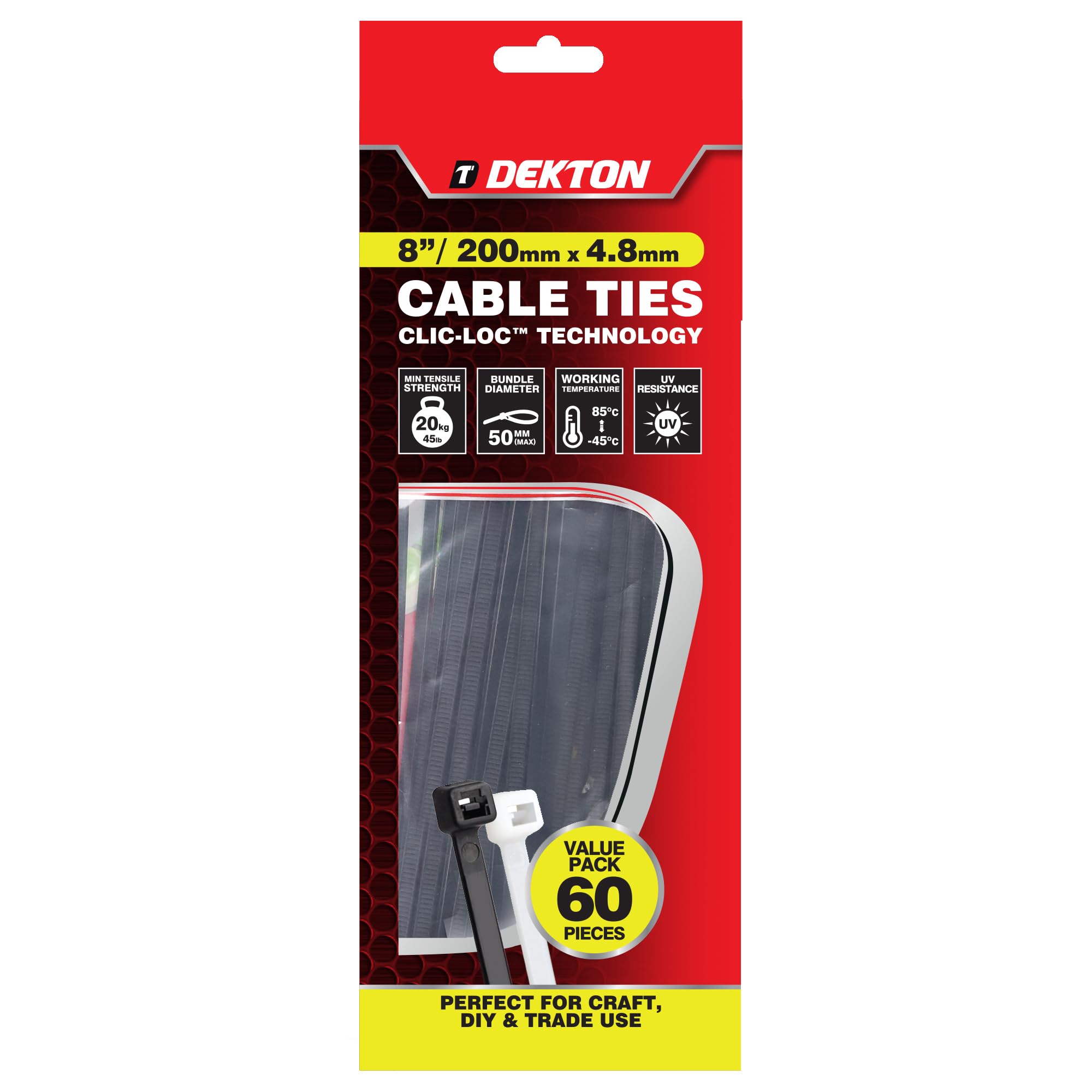 Dekton 50PC Cable Tie Set - 4.8MM X 250MM White | Heavy Duty Industrial Strength | High Temperature Resistant | Self-Locking Teeth | Ideal for Cables, Piping, Gardening & Wires | Indoor & Outdoor Use