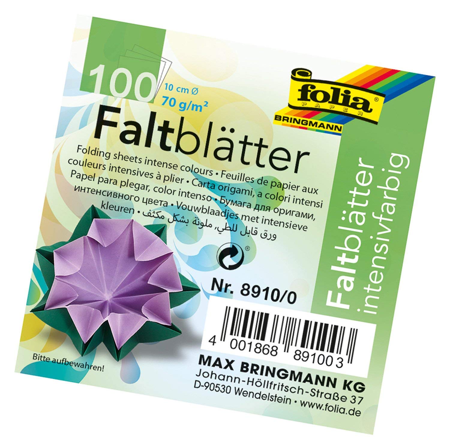 Folia Bringmann Folding Sheets 70 g/m², 100 Blatt in 10 Assorted Colours, 10 cm