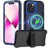 CONWOE Magnetic for iPhone 13 Case,with Belt Clip,[Compatible with Magsafe] W/Tempered Glass Screen Protector,Anti-Drop,Shockproof,Heavy Duty Protection (Dark Blue)
