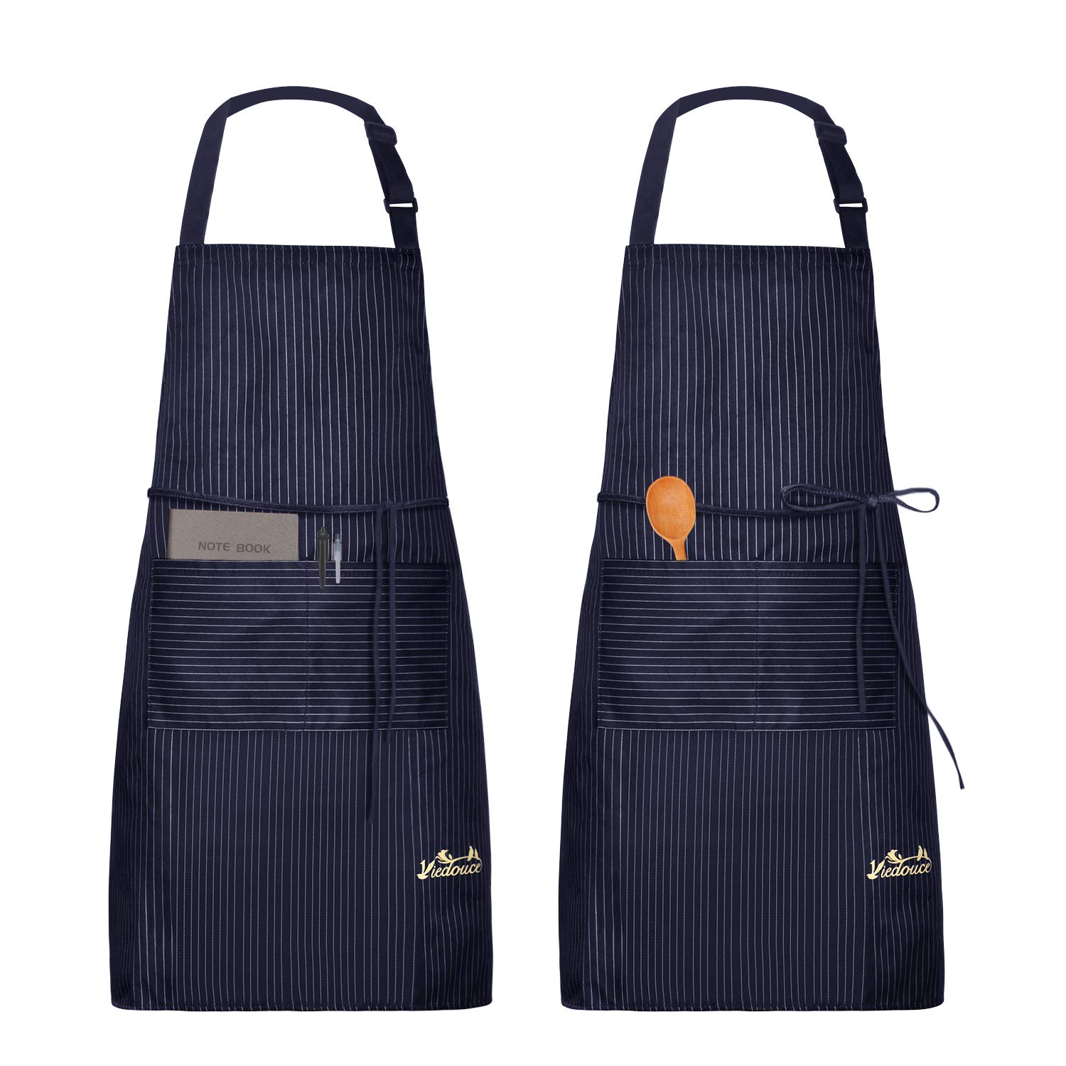 Viedouce 2 Packs Apron Cooking Kitchen Waterproof, Adjustable Chef Apron with Pockets for Home, Restaurant, Craft, Garden, BBQ, School, Coffee House, Apron for Men Women, Striped-Navy — image 1