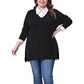 Agnes Orinda Plus Size Sweater for Women 2025 Fall Pullover Sweater Casual Loose V Neck Long Sleeve Side Split Jumper Tops