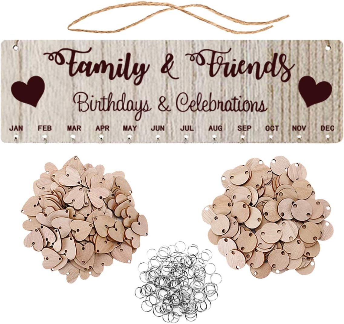 Family Friends Birthday Calendar DIY Wooden Hanging Calendar Home Wall Decoration New Year Festival (50 Round and 50 Heart Pendants)