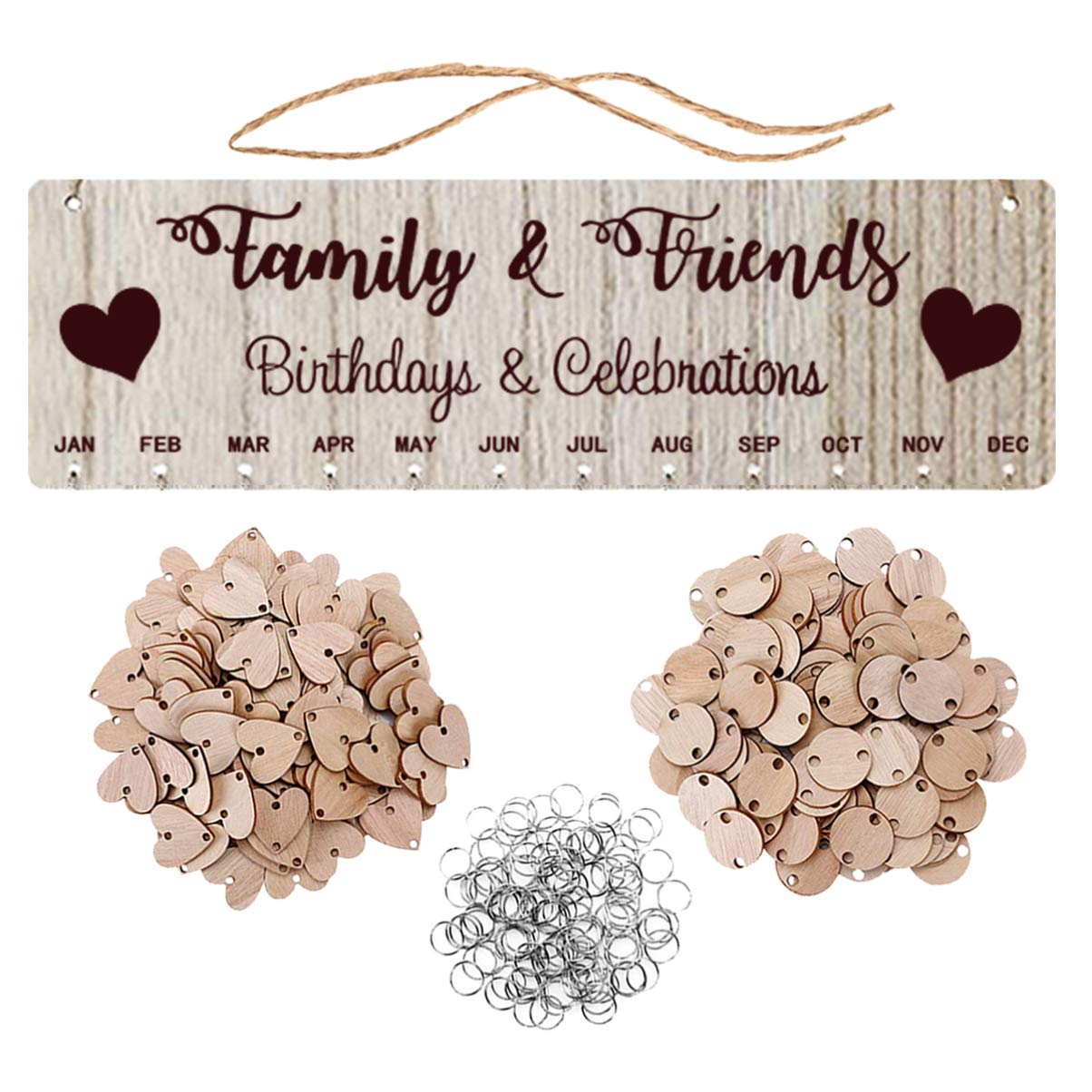 Family Friends Birthday Calendar DIY Wooden Hanging Calendar Home Wall Decoration New Year Festival (50 Round and 50 Heart Pendants)