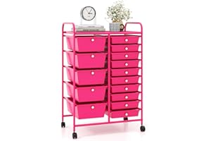 MEDIMALL 15 Drawers Rolling Storage Cart, Multipurpose Craft Storage Cart with Wheels, Mobile Tools Scrapbook Paper Organizer Cart for School Home Office Use (Pink)