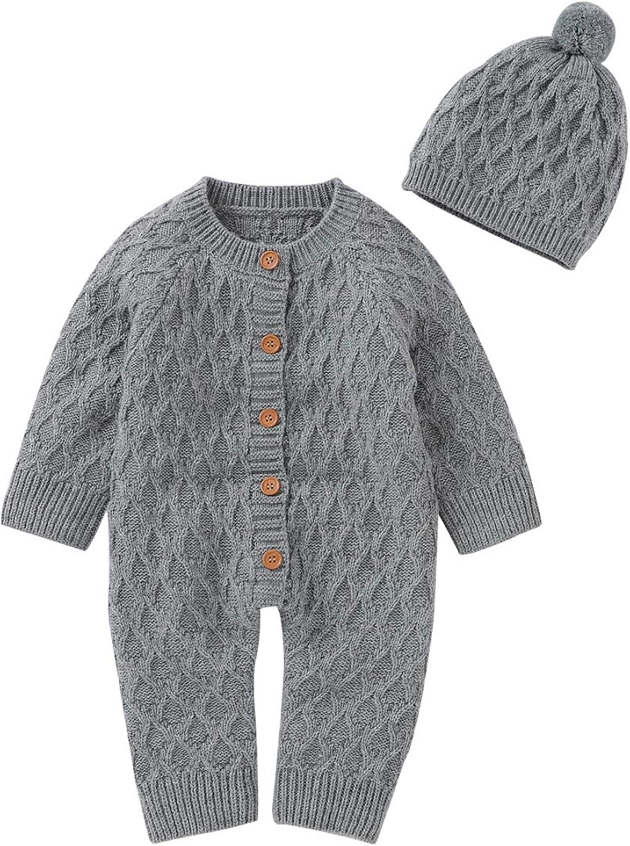 Hadetoto Newborn Baby Romper Knitted Sweater Long Sleeve Jumpsuit Outfits with Warm Hat: Clothing