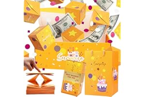 RAIN BUNNY Surprise Gift Box Explosion for Money, Unique Folding Bouncing Red Envelope Gift Box with Confetti, Cash Explosion Luxury for Mom Birthday Anniversary Valentine Proposal (15 Bounces) (Yellow)