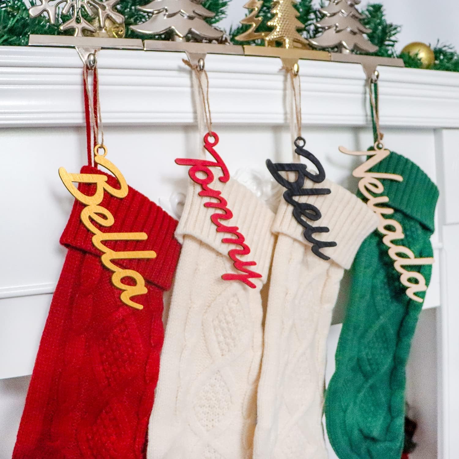 Stockings & Holders - Personalized Christmas Stockings Name Tags Wooden Names Farmhouse Family Xmas Stocking Tag for Home Décor Christmas Ornaments Gifts Gold White Black Red Blue