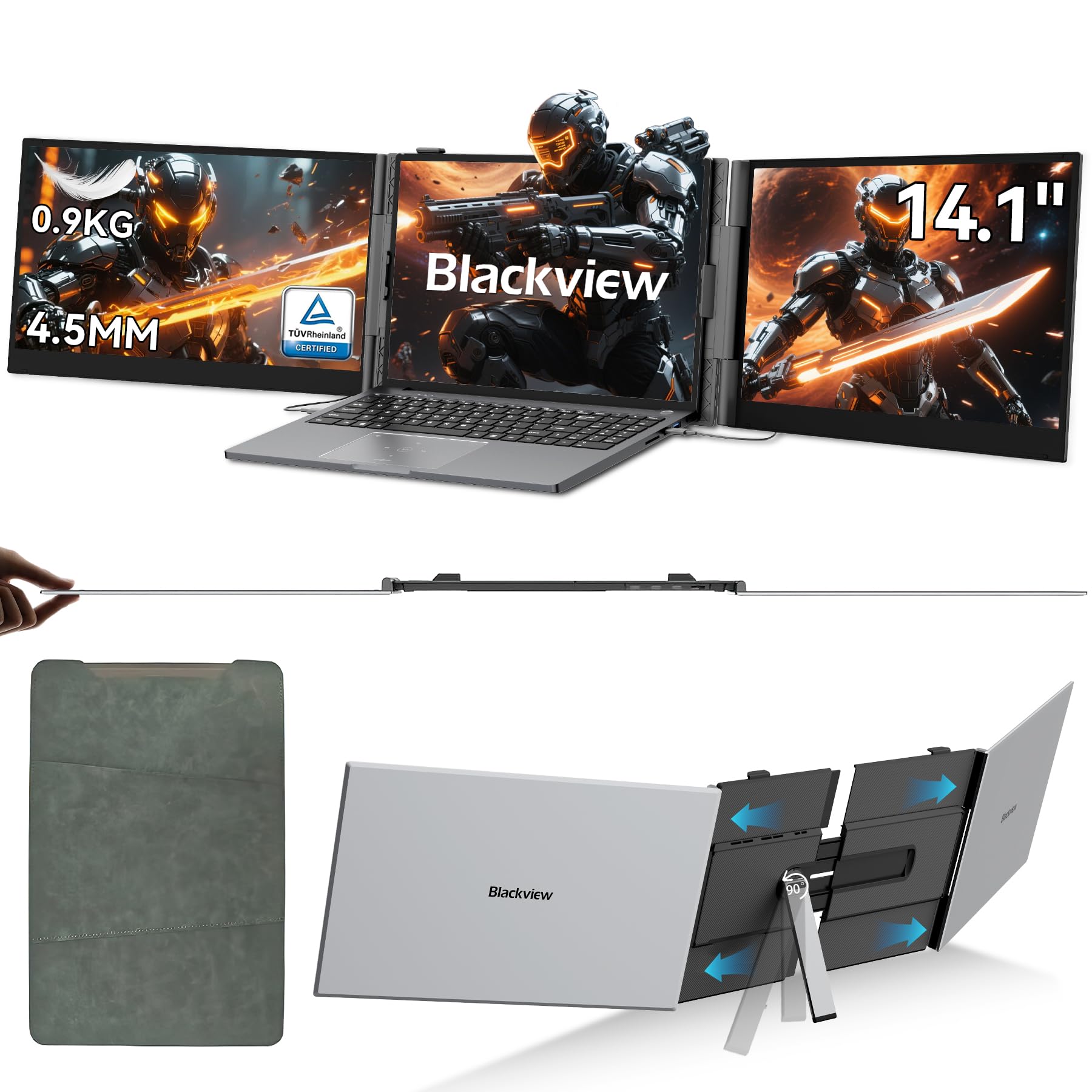 Blackview DCM6 Laptop Bildschirm Erweiterung 14" Ultradünn 4,5mm 0.9KG, 1080P FHD Triple Screen Laptop Monitor für Laptop 13"-17,3", HDMI/USB-A/USB C TÜV SÜD Portable Monitor für PC/Mac/PS3/4/5/Xbox