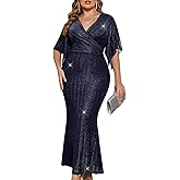 ZOMVA Plus Size Maxi Formal Dress Sparkly V-Neck Mermaid Wrap Evening Gown Cocktail Prom Glitter Handkerchief Sleeves