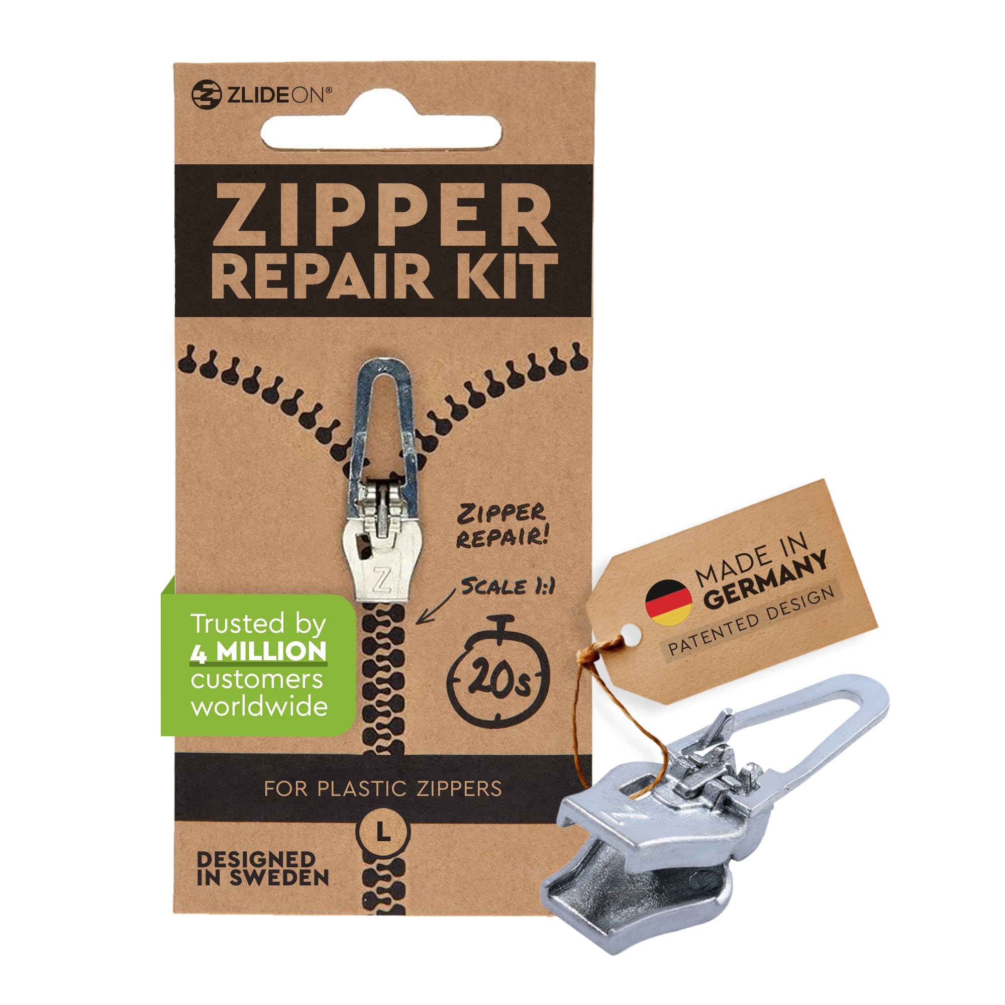 Zlideon Zipper Repair Kit for Plastic Zippers - 1pcs, Silver (L/5) | Instant Zipper Pull Replacement Slider for Kids’ Clothing, Sportswear, Duvet Covers, Backpacks | Easy to Install | Made in Germany