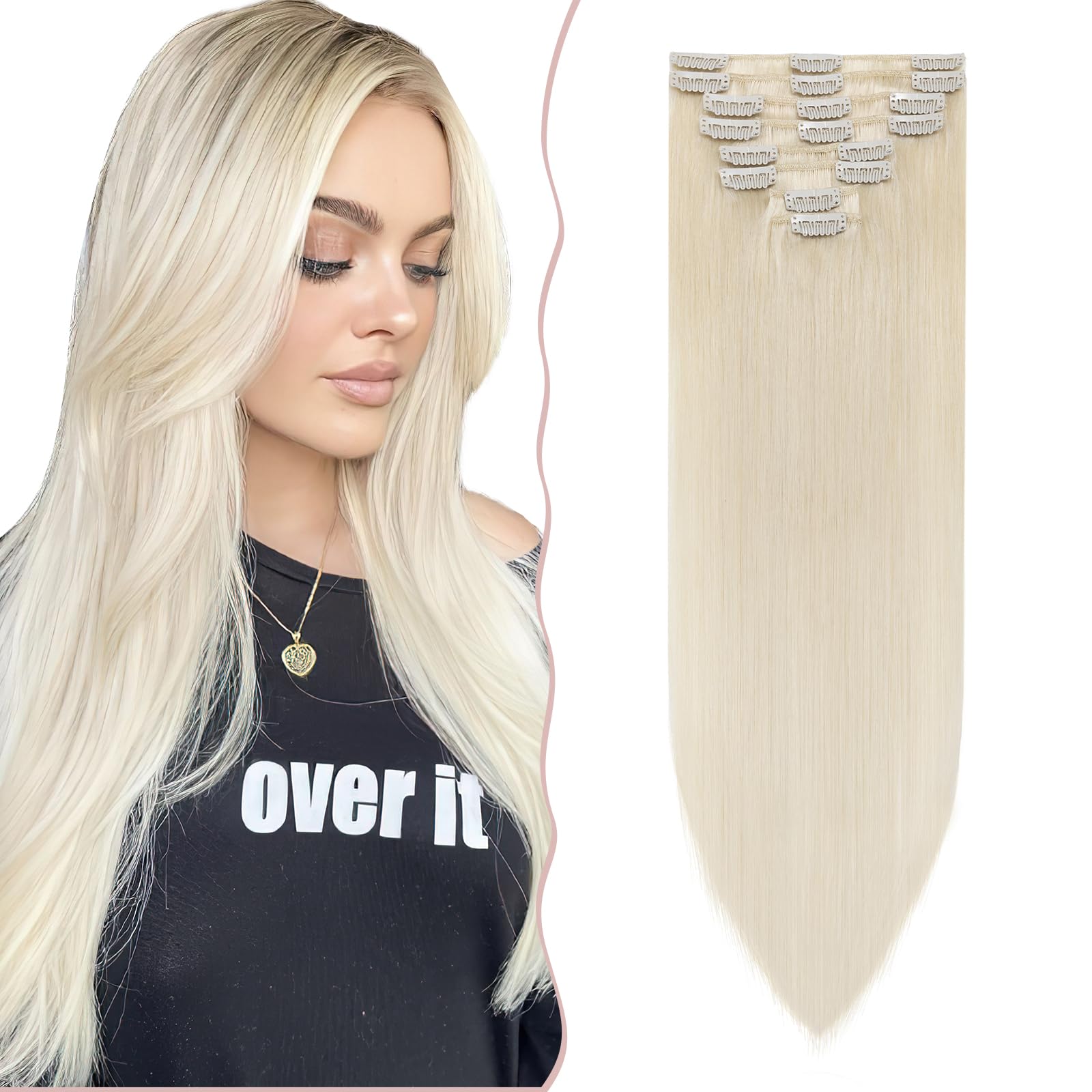 18 inches SEGO Hair Extensions Clip in Real Human Hair [#60 Platinum Blonde] 8PCS 18 Clips Remy Hairpieces for Women Straight THIN TYPE (70g) — image 1