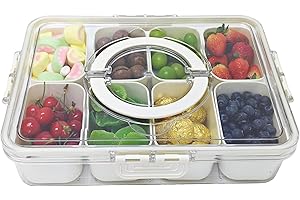 FIRJUTY Divided Serving Tray with Lid & Handle - 8 Compartments Snackle Box Charcuterie Container Organizer for Fruit, Candy, Nuts - Portable Serving Platter for Picnic, Party, Holidays and Travel (White)