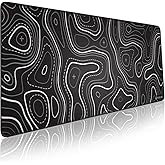 Minimalist Topographic Map Mouse Pad - Contour Extended Large Stitch Edge Mousepad. Black & White Non-Slip XL Gaming Mat