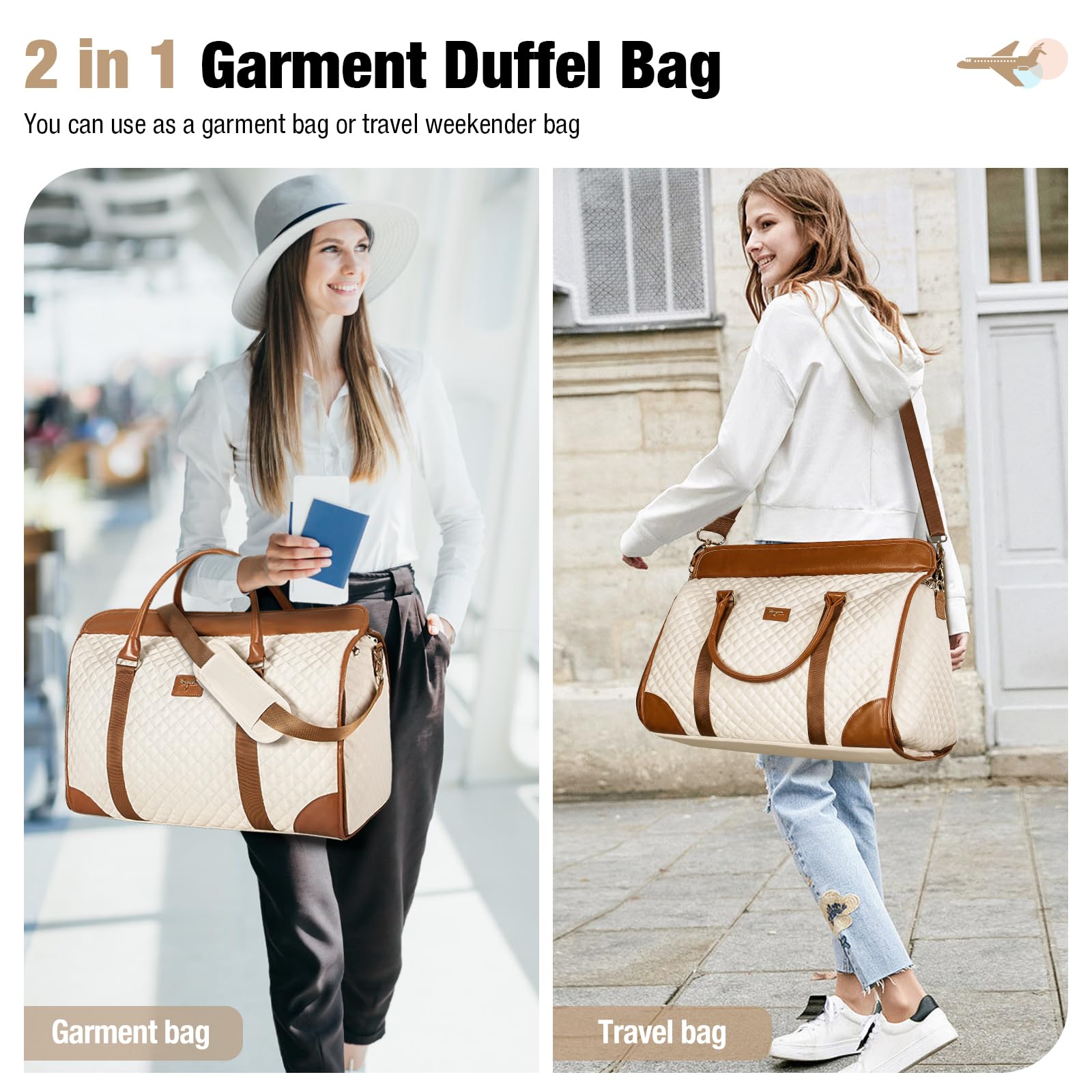 Convertible Garment Duffel Bags for Travel, Carry On Garment Bag with Shoe Compartment, 3 in 1 Foldable Suit Duffle Bag for Women, Jenni Bag for Hanging Clothes