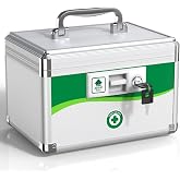 Medicine Lock Box with Keys, Small 10x6.9x6.9in, Aluminum Child-Safe Lock | Child-safe key lock, sturdy aluminum frame, anti-slip base, removable ABS tray, rust-proof handle, reinforced edges