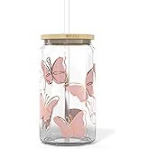 Butterfly 16 oz Mason Jar Cups | Bamboo Lids & Straws | Glass Cups for Iced Coffee, Boba & Smoothies