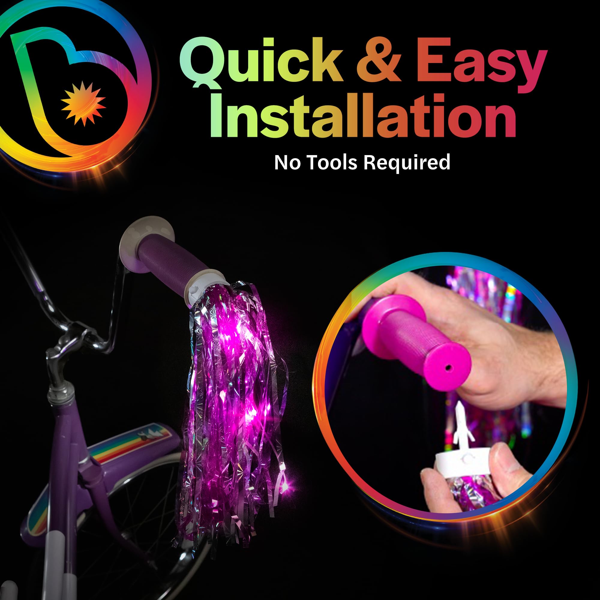 Brightz SparkleBrightz LED Light Up Bike Streamers, 2-Pack - LED Light Up Tassels for Bikes & Scooters - Add Glimmer & Shine to Your Handlebars - Batteries Included
