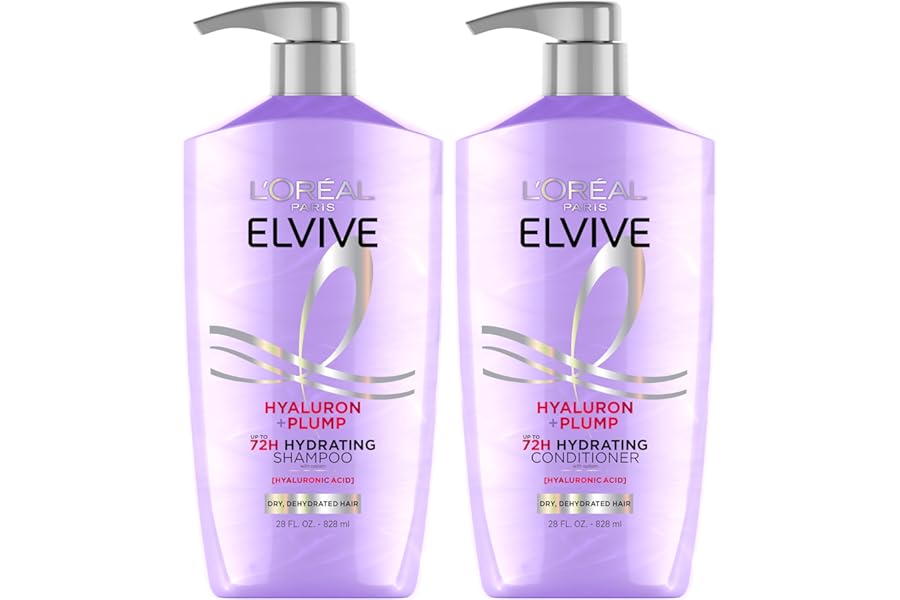 L’Oreal Paris Elvive Hyaluron Plump Shampoo and Conditioner Set for Dehydrated, Dry Hair with Hyaluronic Acid Care Complex, 1 Kit (2 Products)