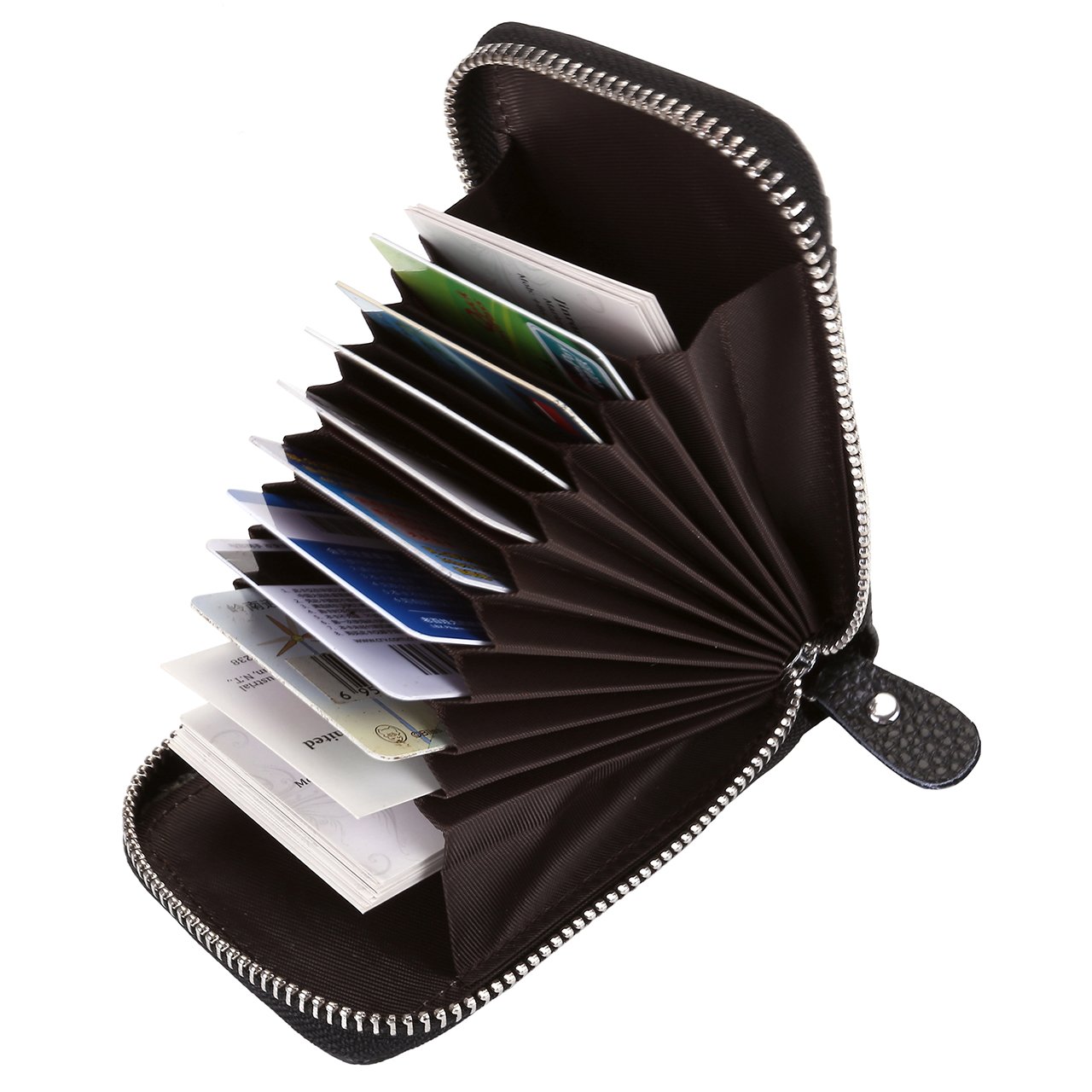 Faleto Accordion Style Leather Mini Credit Card Case Organizer Wallet With Zipper Pocket (Dark Blue)