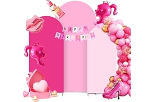 RAFOFO Set of 3 Arch Backdrop Cover Pink Ensemble with Party Banner - Spandex Fitted Wedding Backdrop Covers 4ft,5ft,6ft for Chiara Backdrop Stand Set. Arch Stand Cover for Wedding Birthday Baby
