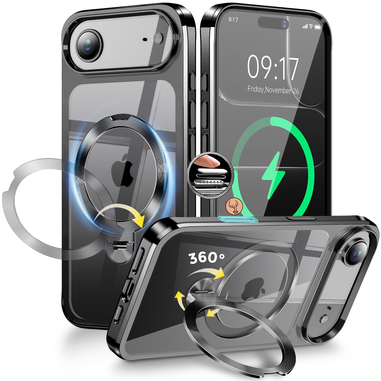 [CD Metal Ring & Invisible 360° Spin Stand] Magnetic Case for iPhone 17 Air 6.5" [Electroplated Shockproof Bumper ] [Compatible with Mag Safe] Cover with Stand for Women Men Slim Clear - Black