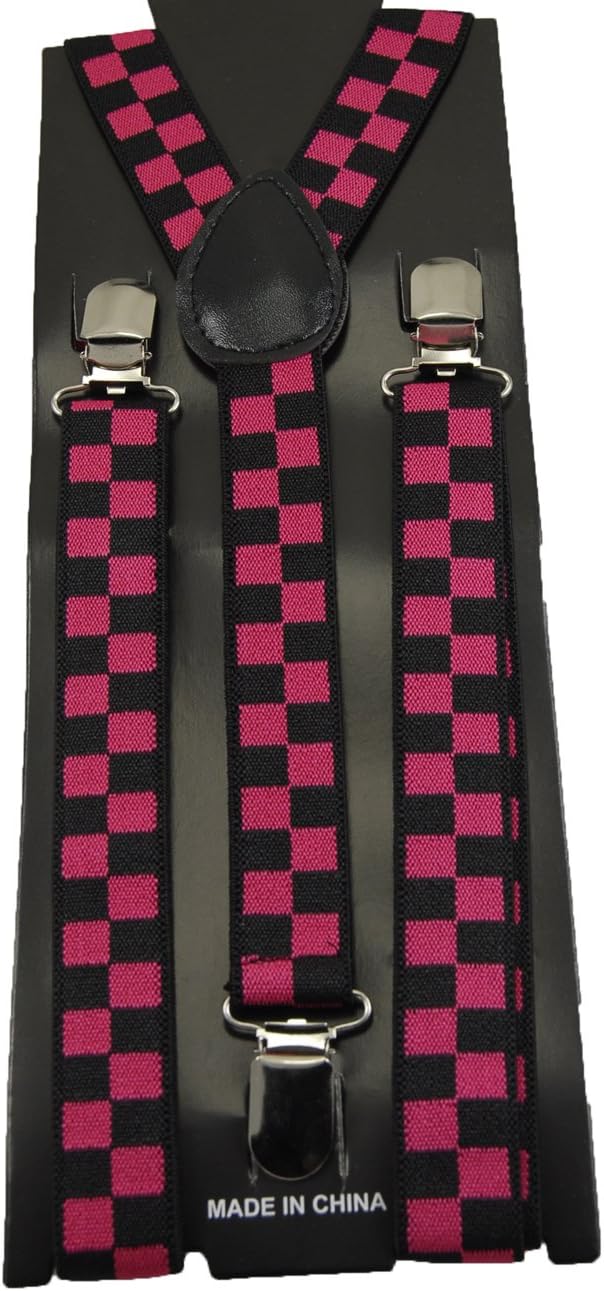 Men's Unisex Clip-on Braces Elastic "Pink" Checker Suspender Y-shape Ajustable
