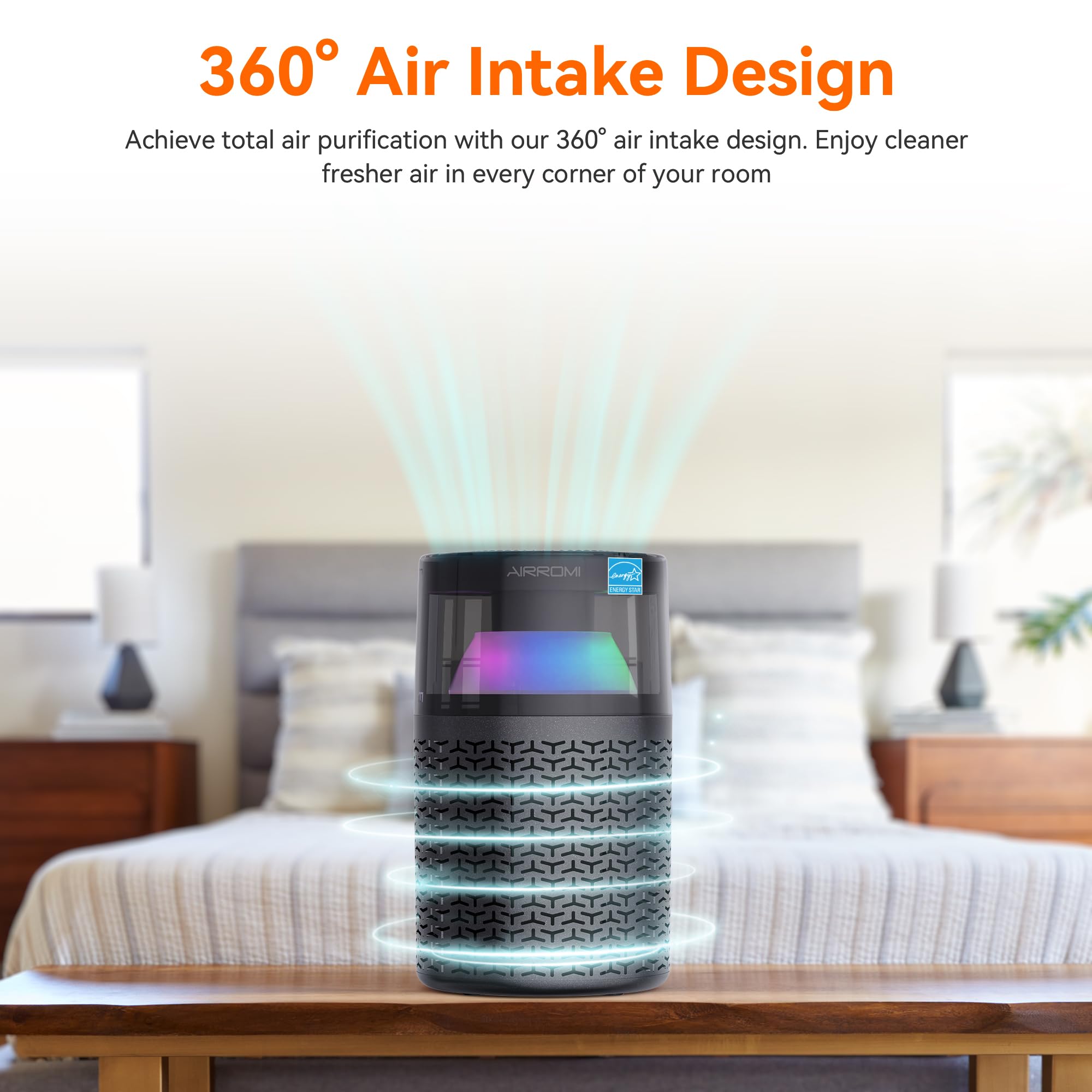 AIRROMI Air Purifiers for Bedroom Home,Up to 658 Ft²,Activated Carbon Filter Cleaner,With Fragrance Sponge for Better Sleep,Night Light,Pet Dander,Allergies,Smoke,Odor,Desktop Air Cleaner A2002 Grey