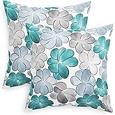 CaliTime Throw Pillow Covers Decorative 18 X 18 Inches Pack of 2 Cozy Fleece Blooming Flower Cushion Cases for Couch Bed Sofa Farmhouse Decoration Teal Green Blue Grey