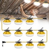Pvilub 100FT Construction String Lights: 100W Led Construction String Lights with 10 Bulbs & Hooks, IP65 Attic Lighting 5000K Linkable Hanging Work Light for Crawlspace, Basement, Backyard