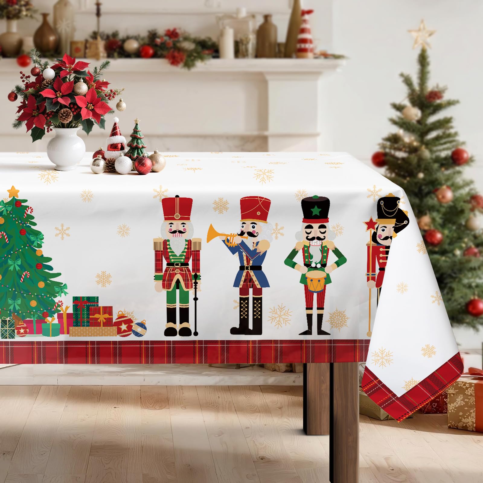 Arquiel Christmas Nutcracker Tree Tablecloth Waterproof, Red Table Cloth Rectangle Stain Resistant, Washable Table Cover for Home Kitchen Dining Party Decoration (213 x 152 cm)