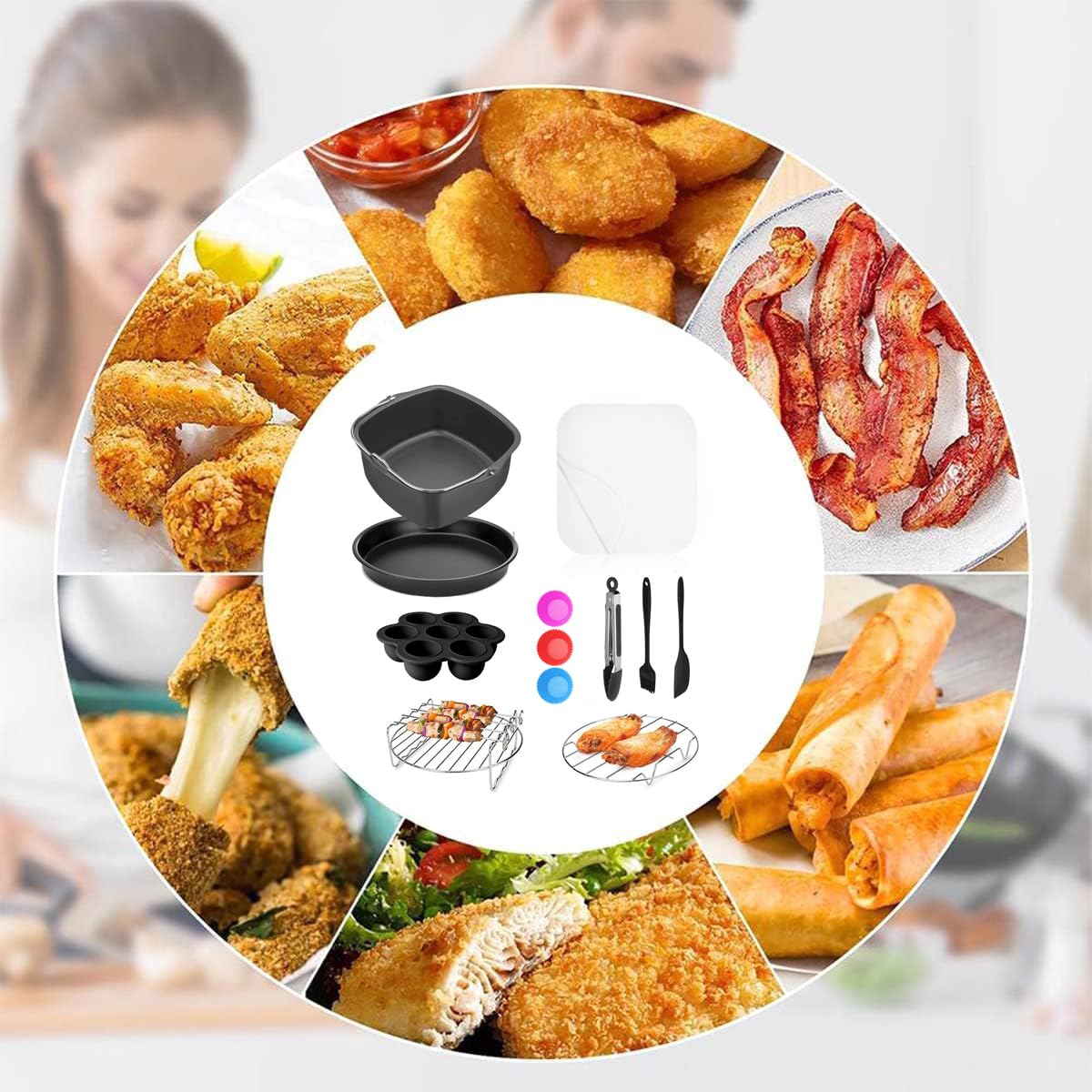 Air Fryer Accessories for Cosori, 10 Piece Square Accessories for COSORI 5.8 QT 6.0 QT, Instant Vortex Plus 6QT and Larger Air Fryers, Including Cake & Pizza Pan, Rack & Skewer, Egg Bite Mold, etc.