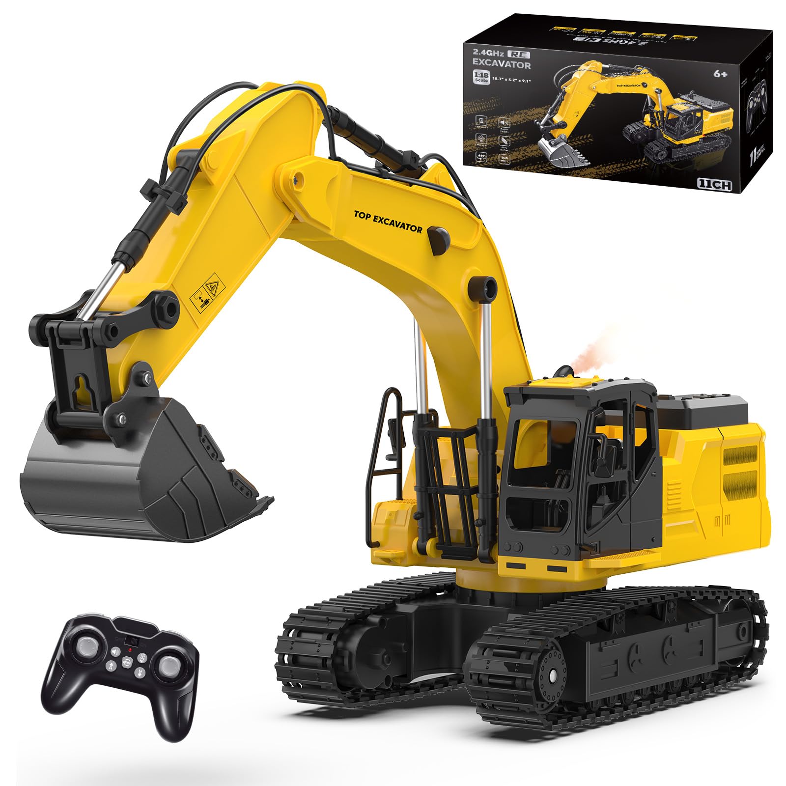 Photo 1 of 1:18 Metal RC Excavator Toy for Kids | 11-Channel Remote Control Construction Vehicle with Water Spray, Lights & Sounds, Dual 100-Min Batteries, 2025 New STEM Engineering Toy Gift for Boys Ages 6-12
