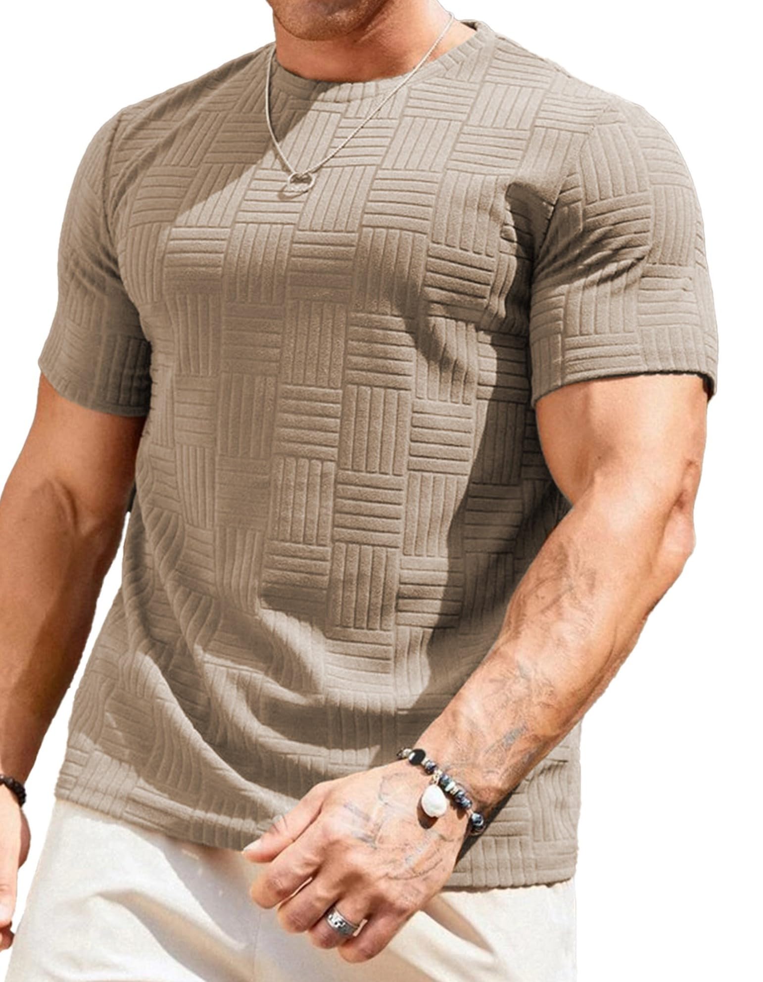 JMIERR Mens T-Shirt Casual Stretch Solid Crewneck Short Sleeve Tees Textured Shirts