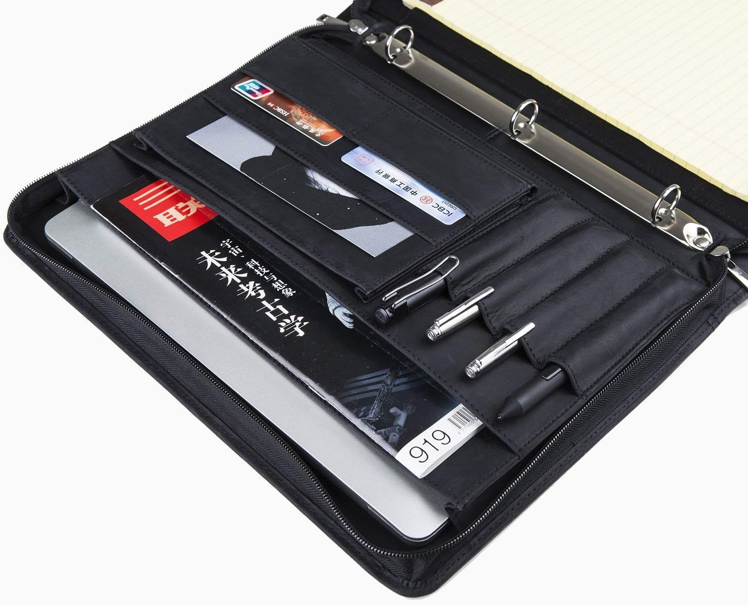 Professional Padfolio Portfolio 3 Ring Binder, Business Organizer Holder Multi-Function Folder Case with Zipper by Crazy-Horse Leather for iPad/Surface Book : Office Products