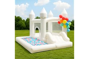 NBSPORT White Bounce House with Blower, 9x9x7FT Inflatable Castle with Slide & Ball Pit, Wedding Party Decoration & Kids Indoor Outdoor Jumping House