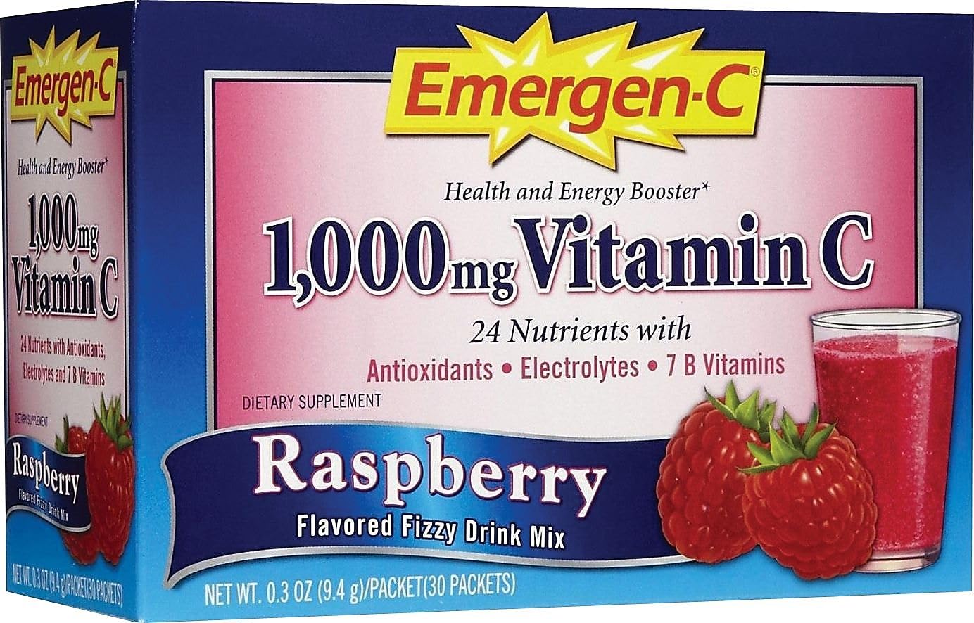 Emergen-C Vitamin C 1000mg Immune Support Powder, Raspberry, 30 Packets