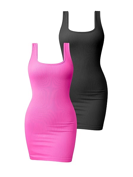 OQQ WOMEN’S 2 PIECE RIBBED SLEEVELESS SQUARE NECK TANK TOP MINI DRESS, BLACK,ROSE, LARGE