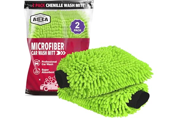 AIDEA Car Wash Mitt Microfiber-2PK, Scratch Free Lint-Free, Premium Chenille Microfiber Mitt Car Wash Brush-Green, Regular Si