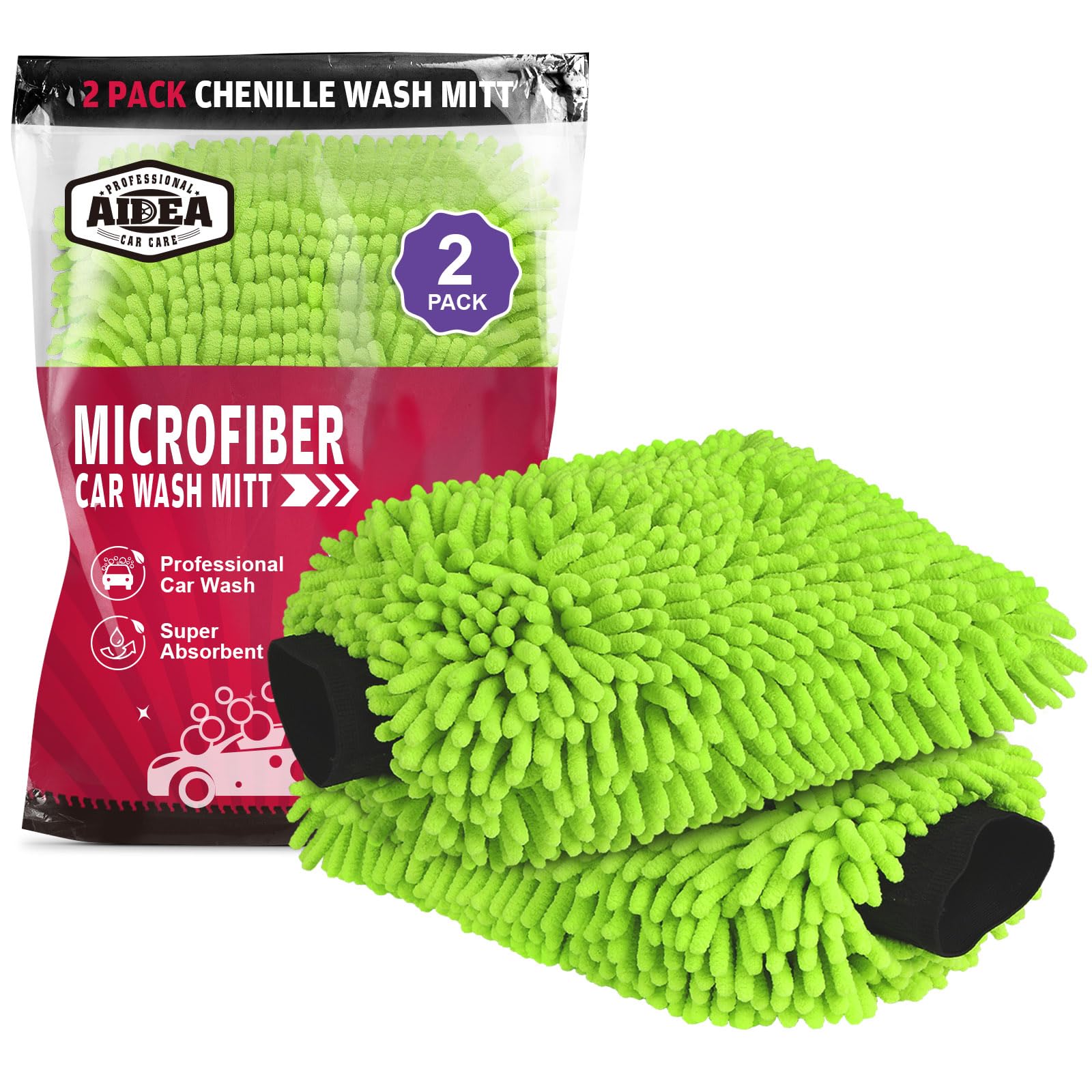 Photo 1 of AIDEA Car Wash Mitt Microfiber, 2PK Scratch Free Lint-Free, Premium Chenille Microfiber Mitt Car Wash Brush, Green, Regular Size 7.12''X10.14''
