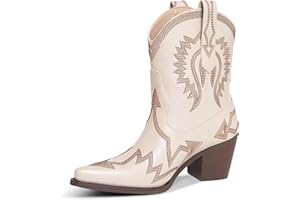 HOCHFART Western Boots for Women Metallic Embroidered Pointed Toe Cowgirl Boots Chunky Heel Pull-On Short Cowboy Boots Wide Calf Country Ankle Boots