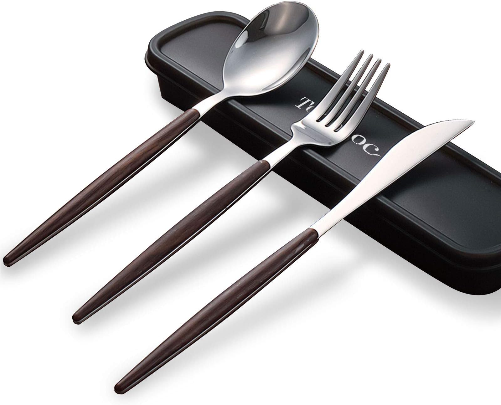 ArtMuseKitsMikash Elegant Stainless Steel & Flatware Set with Wood Handle, Healthy & Eco-Friendly 3 Pieces Knife Spoon Set, Portable Travel Silverware Dinnerware Set with a Organizer Box (1, Walnut)